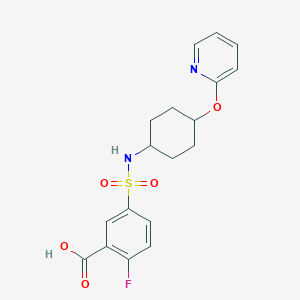 molecular formula C18H19FN2O5S B2833652 2-fluoro-5-(N-((1r,4r)-4-(pyridin-2-yloxy)cyclohexyl)sulfamoyl)benzoic acid CAS No. 2415571-42-3