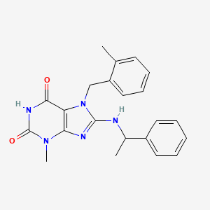 molecular formula C22H23N5O2 B2833666 3-甲基-7-[(2-甲基苯基)甲基]-8-(1-苯乙基氨基)嘌呤-2,6-二酮 CAS No. 714934-24-4