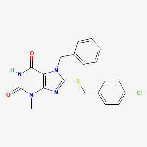 molecular formula C20H17ClN4O2S B2833687 7-Benzyl-8-[(4-chlorophenyl)methylsulfanyl]-3-methylpurine-2,6-dione CAS No. 316361-20-3