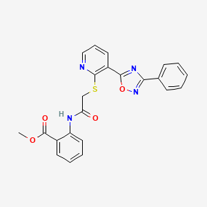 molecular formula C23H18N4O4S B2833728 Methyl 2-(2-((3-(3-phenyl-1,2,4-oxadiazol-5-yl)pyridin-2-yl)thio)acetamido)benzoate CAS No. 2309612-87-9