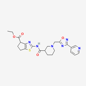molecular formula C23H26N6O4S B2833748 ethyl 2-(1-((3-(pyridin-3-yl)-1,2,4-oxadiazol-5-yl)methyl)piperidine-3-carboxamido)-5,6-dihydro-4H-cyclopenta[d]thiazole-4-carboxylate CAS No. 1286711-13-4