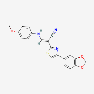 molecular formula C20H15N3O3S B2833755 (E)-2-(4-(苯并[d][1,3]二噁唑-5-基)噻唑-2-基)-3-((4-甲氧基苯基)氨基)丙烯腈 CAS No. 450353-16-9