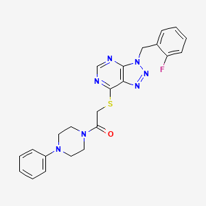 molecular formula C23H22FN7OS B2833789 2-[3-[(2-Fluorophenyl)methyl]triazolo[4,5-d]pyrimidin-7-yl]sulfanyl-1-(4-phenylpiperazin-1-yl)ethanone CAS No. 863458-37-1