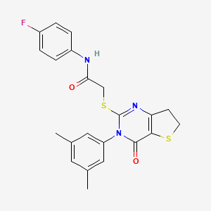 molecular formula C22H20FN3O2S2 B2833793 2-((3-(3,5-二甲基苯基)-4-氧代-3,4,6,7-四氢噻吩并[3,2-d]嘧啶-2-基)硫)-N-(4-氟苯基)乙酰胺 CAS No. 877653-44-6