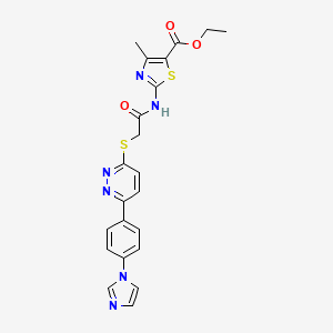molecular formula C22H20N6O3S2 B2833916 乙酸-2-(2-((6-(4-(1H-咪唑-1-基)苯基)吡啶并[3,4-d]嘧啶-3-基)硫)乙酰胺基)-4-甲基噻唑-5-羧酸乙酯 CAS No. 896301-15-8