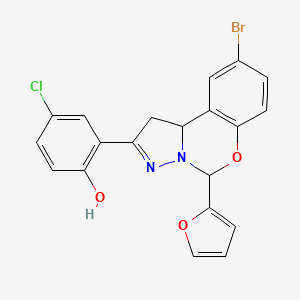molecular formula C20H14BrClN2O3 B2833954 2-(9-bromo-5-(furan-2-yl)-5,10b-dihydro-1H-benzo[e]pyrazolo[1,5-c][1,3]oxazin-2-yl)-4-chlorophenol CAS No. 899973-50-3