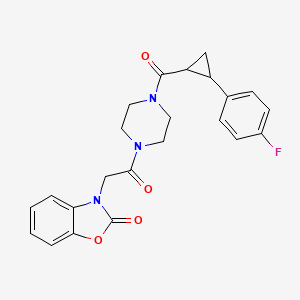 molecular formula C23H22FN3O4 B2833994 3-(2-(4-(2-(4-fluorophenyl)cyclopropanecarbonyl)piperazin-1-yl)-2-oxoethyl)benzo[d]oxazol-2(3H)-one CAS No. 1209636-69-0