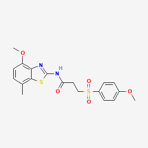 molecular formula C19H20N2O5S2 B2834028 N-(4-methoxy-7-methylbenzo[d]thiazol-2-yl)-3-((4-methoxyphenyl)sulfonyl)propanamide CAS No. 923087-09-6