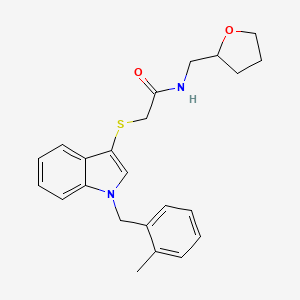 molecular formula C23H26N2O2S B2834203 2-((1-(2-methylbenzyl)-1H-indol-3-yl)thio)-N-((tetrahydrofuran-2-yl)methyl)acetamide CAS No. 851412-47-0