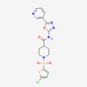 molecular formula C17H16ClN5O4S2 B2834272 1-((5-氯噻吩-2-基)磺酰)-N-(5-(嘧啶-3-基)-1,3,4-噁二唑-2-基)哌啶-4-羧酰胺 CAS No. 923140-58-3