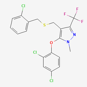 molecular formula C19H14Cl3F3N2OS B2834280 4-({[(2-chlorophenyl)methyl]sulfanyl}methyl)-5-(2,4-dichlorophenoxy)-1-methyl-3-(trifluoromethyl)-1H-pyrazole CAS No. 318959-30-7