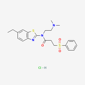 molecular formula C22H28ClN3O3S2 B2834373 N-(2-(dimethylamino)ethyl)-N-(6-ethylbenzo[d]thiazol-2-yl)-3-(phenylsulfonyl)propanamide hydrochloride CAS No. 1216932-60-3