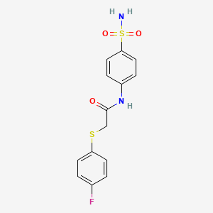 molecular formula C14H13FN2O3S2 B2834422 2-(4-氟苯基)硫代-N-(4-磺酰基苯基)乙酰胺 CAS No. 831238-42-7