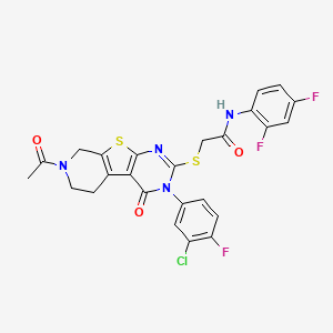 molecular formula C25H18ClF3N4O3S2 B2834423 2-[[11-acetyl-4-(3-chloro-4-fluorophenyl)-3-oxo-8-thia-4,6,11-triazatricyclo[7.4.0.02,7]trideca-1(9),2(7),5-trien-5-yl]sulfanyl]-N-(2,4-difluorophenyl)acetamide CAS No. 892281-86-6