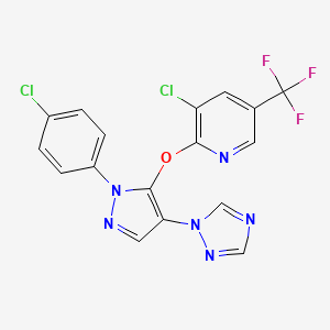 molecular formula C17H9Cl2F3N6O B2834429 3-chloro-2-{[1-(4-chlorophenyl)-4-(1H-1,2,4-triazol-1-yl)-1H-pyrazol-5-yl]oxy}-5-(trifluoromethyl)pyridine CAS No. 955975-35-6