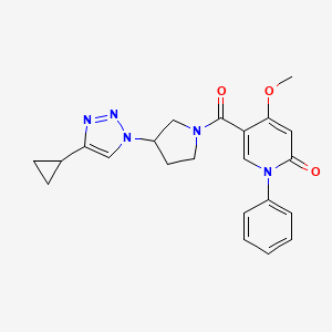 molecular formula C22H23N5O3 B2834553 5-(3-(4-cyclopropyl-1H-1,2,3-triazol-1-yl)pyrrolidine-1-carbonyl)-4-methoxy-1-phenylpyridin-2(1H)-one CAS No. 2034223-32-8