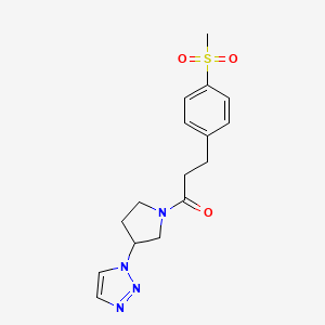 molecular formula C16H20N4O3S B2834583 1-(3-(1H-1,2,3-triazol-1-yl)pyrrolidin-1-yl)-3-(4-(methylsulfonyl)phenyl)propan-1-one CAS No. 1795470-82-4