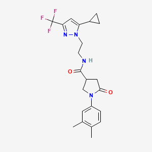 molecular formula C22H25F3N4O2 B2834710 N-(2-(5-环丙基-3-(三氟甲基)-1H-吡唑-1-基)乙基)-1-(3,4-二甲基苯基)-5-氧代吡咯啉-3-甲酰胺 CAS No. 1796991-04-2
