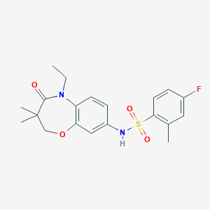 molecular formula C20H23FN2O4S B2834732 N-(5-ethyl-3,3-dimethyl-4-oxo-2,3,4,5-tetrahydrobenzo[b][1,4]oxazepin-8-yl)-4-fluoro-2-methylbenzenesulfonamide CAS No. 922097-93-6