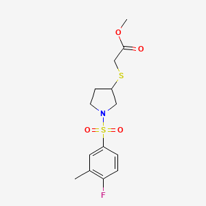 molecular formula C14H18FNO4S2 B2834823 甲基-2-((1-((4-氟-3-甲基苯基)磺酰)吡咯烷-3-基)硫)乙酸酯 CAS No. 2034607-40-2