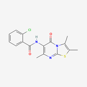 molecular formula C16H14ClN3O2S B2834915 2-氯-N-(2,3,7-三甲基-5-氧代-5H-噻唑吡啶-6-基)苯甲酰胺 CAS No. 1021116-26-6