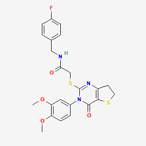 molecular formula C23H22FN3O4S2 B2835043 2-((3-(3,4-二甲氧基苯基)-4-氧代-3,4,6,7-四氢噻吩并[3,2-d]嘧啶-2-基)硫)-N-(4-氟苯甲基)乙酰胺 CAS No. 877656-01-4