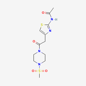 molecular formula C12H18N4O4S2 B2835080 N-(4-(2-(4-(甲磺基)哌啶-1-基)-2-氧代乙基)噻唑-2-基)乙酰胺 CAS No. 1235223-99-0