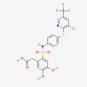 molecular formula C23H20ClF3N2O6S2 B2835087 Methyl 2-(2-(((4-(3-chloro-5-(trifluoromethyl)(2-pyridylthio))phenyl)amino)sulfonyl)-4,5-dimethoxyphenyl)acetate CAS No. 1024317-10-9