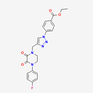 molecular formula C22H18FN5O4 B2835136 ethyl 4-(4-{[4-(4-fluorophenyl)-2,3-dioxo-1,2,3,4-tetrahydropyrazin-1-yl]methyl}-1H-1,2,3-triazol-1-yl)benzoate CAS No. 2379975-48-9