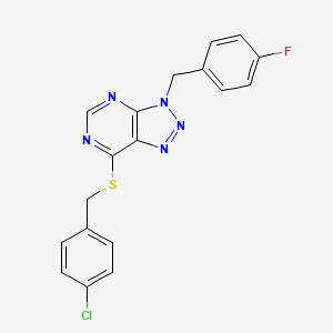 molecular formula C18H13ClFN5S B2835186 7-((4-chlorobenzyl)thio)-3-(4-fluorobenzyl)-3H-[1,2,3]triazolo[4,5-d]pyrimidine CAS No. 863458-15-5