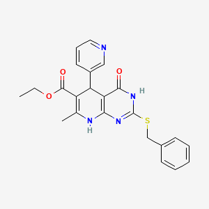 molecular formula C23H22N4O3S B2835198 Ethyl 2-(benzylthio)-7-methyl-4-oxo-5-(pyridin-3-yl)-3,4,5,8-tetrahydropyrido[2,3-d]pyrimidine-6-carboxylate CAS No. 537047-08-8