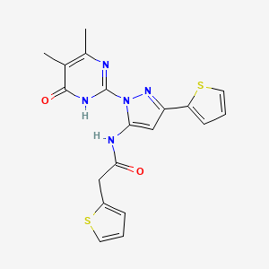 molecular formula C19H17N5O2S2 B2835209 N-(1-(4,5-二甲基-6-氧代-1,6-二氢嘧啶-2-基)-3-(噻吩-2-基)-1H-吡唑-5-基)-2-(噻吩-2-基)乙酰胺 CAS No. 1171852-49-5