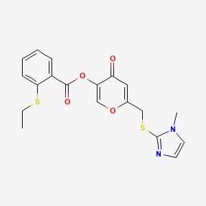 molecular formula C19H18N2O4S2 B2835214 6-(((1-methyl-1H-imidazol-2-yl)thio)methyl)-4-oxo-4H-pyran-3-yl 2-(ethylthio)benzoate CAS No. 896311-70-9