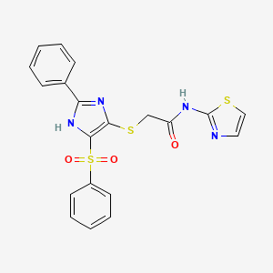 molecular formula C20H16N4O3S3 B2835244 2-{[4-(benzenesulfonyl)-2-phenyl-1H-imidazol-5-yl]sulfanyl}-N-(1,3-thiazol-2-yl)acetamide CAS No. 950304-95-7