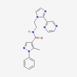 molecular formula C20H19N7O B2835370 5-methyl-1-phenyl-N-(2-(2-(pyrazin-2-yl)-1H-imidazol-1-yl)ethyl)-1H-pyrazole-4-carboxamide CAS No. 2034476-16-7