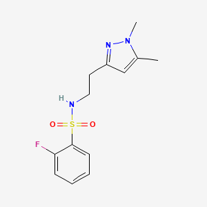 molecular formula C13H16FN3O2S B2835477 N-(2-(1,5-dimethyl-1H-pyrazol-3-yl)ethyl)-2-fluorobenzenesulfonamide CAS No. 2034634-31-4