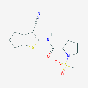 molecular formula C14H17N3O3S2 B2835572 N-(3-cyano-5,6-dihydro-4H-cyclopenta[b]thiophen-2-yl)-1-(methylsulfonyl)pyrrolidine-2-carboxamide CAS No. 1322979-86-1