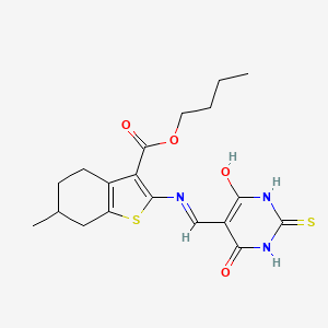 molecular formula C19H23N3O4S2 B2835590 butyl 2-(((4,6-dioxo-2-thioxotetrahydropyrimidin-5(2H)-ylidene)methyl)amino)-6-methyl-4,5,6,7-tetrahydrobenzo[b]thiophene-3-carboxylate CAS No. 1021230-19-2