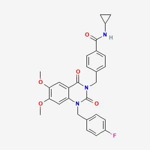 molecular formula C28H26FN3O5 B2835609 N-环丙基-4-((1-(4-氟苯甲基)-6,7-二甲氧基-2,4-二氧杂喹唑-1,2-二氢喹唑-3(4H)-基)甲基)苯甲酰胺 CAS No. 1185003-99-9