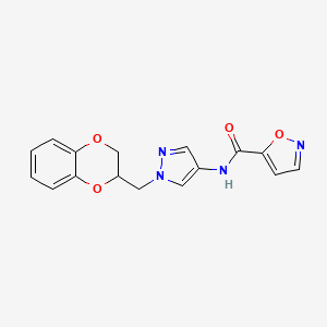 molecular formula C16H14N4O4 B2835629 N-(1-((2,3-二氢苯并[b][1,4]二氧杂环戊二烯-2-基)甲基)-1H-吡唑-4-基)异噁唑-5-甲酰胺 CAS No. 1797552-84-1