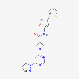 molecular formula C18H15N7O2S B2835691 1-(6-(1H-吡唑-1-基)嘧啶-4-基)-N-(3-(噻吩-2-基)异噁唑-5-基)氮杂环丁烷-3-甲酰胺 CAS No. 2034281-93-9