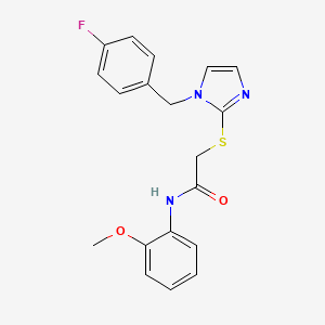 molecular formula C19H18FN3O2S B2835695 2-[1-[(4-氟苯基)甲基]咪唑-2-基]硫醇基-N-(2-甲氧基苯基)乙酰胺 CAS No. 893365-20-3