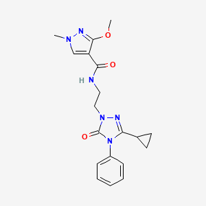 molecular formula C19H22N6O3 B2835700 N-(2-(3-cyclopropyl-5-oxo-4-phenyl-4,5-dihydro-1H-1,2,4-triazol-1-yl)ethyl)-3-methoxy-1-methyl-1H-pyrazole-4-carboxamide CAS No. 1396862-02-4