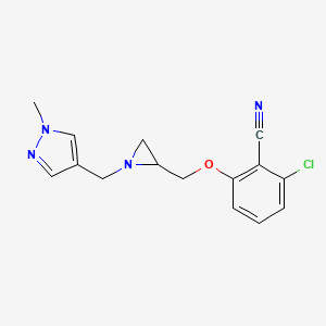 molecular formula C15H15ClN4O B2835738 2-Chloro-6-[[1-[(1-methylpyrazol-4-yl)methyl]aziridin-2-yl]methoxy]benzonitrile CAS No. 2411252-45-2