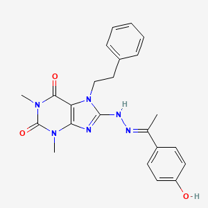 molecular formula C23H24N6O3 B2835837 (E)-8-(2-(1-(4-hydroxyphenyl)ethylidene)hydrazinyl)-1,3-dimethyl-7-phenethyl-1H-purine-2,6(3H,7H)-dione CAS No. 682776-14-3