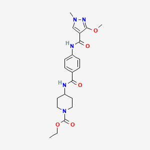 molecular formula C21H27N5O5 B2835860 ethyl 4-(4-(3-methoxy-1-methyl-1H-pyrazole-4-carboxamido)benzamido)piperidine-1-carboxylate CAS No. 1207005-32-0