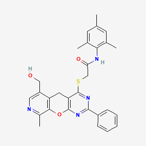2-{[11-(hydroxymethyl)-14-methyl-5-phenyl-2-oxa-4,6,13-triazatricyclo[8.4.0.0^{3,8}]tetradeca-1(10),3(8),4,6,11,13-hexaen-7-yl]sulfanyl}-N-(2,4,6-trimethylphenyl)acetamide
