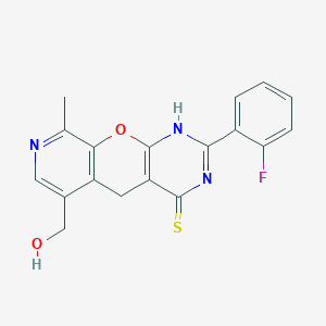 molecular formula C18H14FN3O2S B2836025 5-(2-Fluorophenyl)-11-(hydroxymethyl)-14-methyl-2-oxa-4,6,13-triazatricyclo[8.4.0.03,8]tetradeca-1(10),3(8),5,11,13-pentaene-7-thione CAS No. 892273-16-4