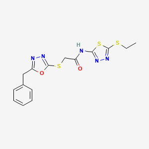 molecular formula C15H15N5O2S3 B2836046 2-((5-benzyl-1,3,4-oxadiazol-2-yl)thio)-N-(5-(ethylthio)-1,3,4-thiadiazol-2-yl)acetamide CAS No. 919423-24-8