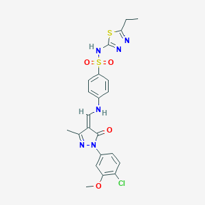 molecular formula C22H21ClN6O4S2 B283611 4-[[(Z)-[1-(4-chloro-3-methoxyphenyl)-3-methyl-5-oxopyrazol-4-ylidene]methyl]amino]-N-(5-ethyl-1,3,4-thiadiazol-2-yl)benzenesulfonamide 